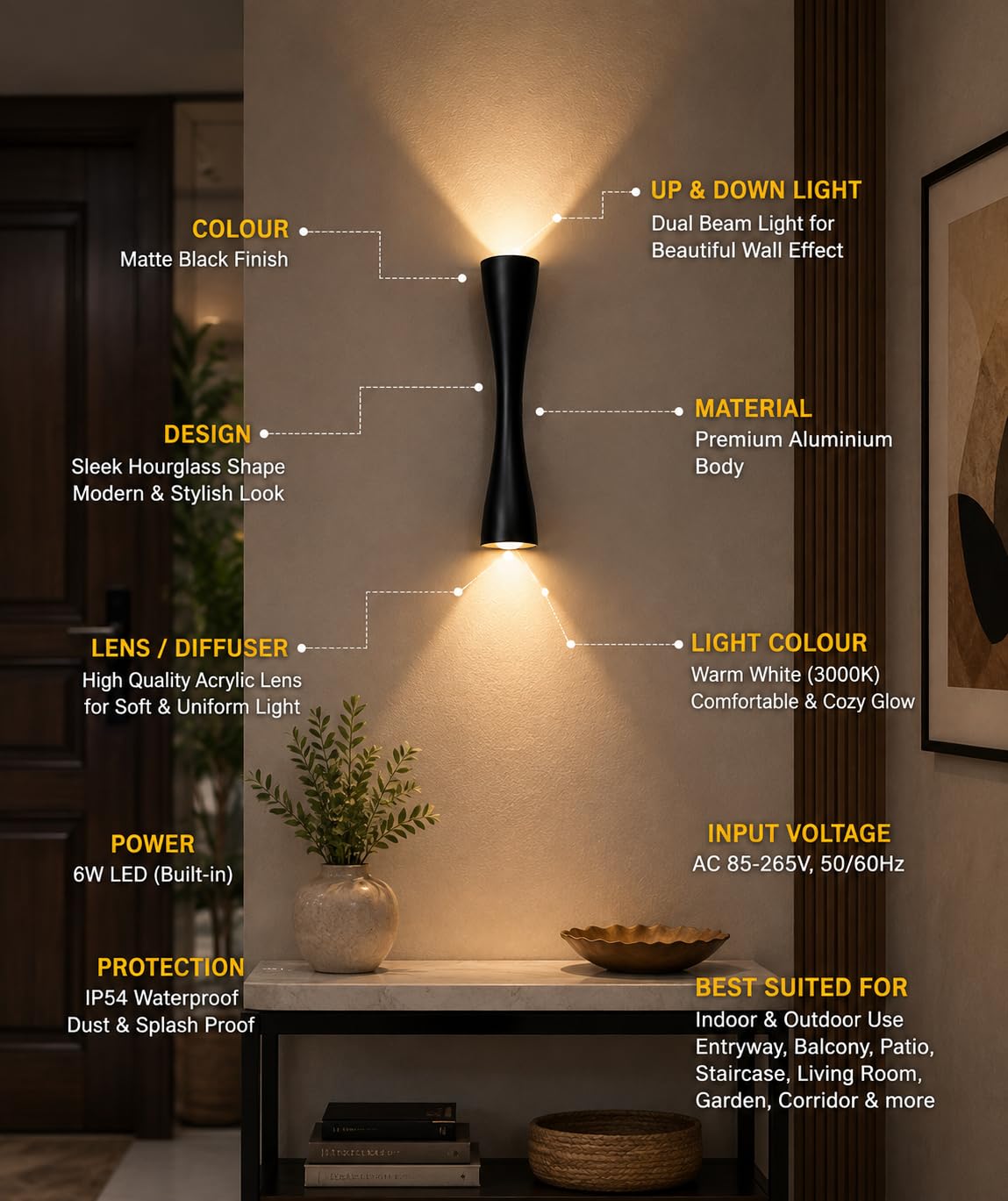 Modern 6W LED Up & Down Wall Light | IP54 Weatherproof Decorative Outdoor Wall Sconce | Matte Black Finish for Entryway, Patio, Garden & Exterior Walls